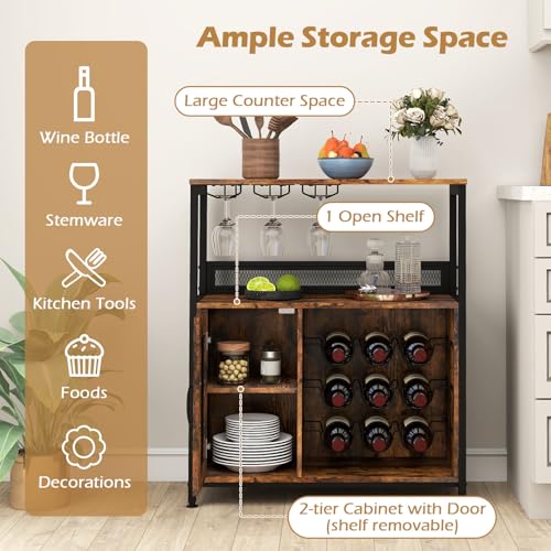 COSTWAY Wooden Wine Cabinet, Buffet Sideboard with Wine Rack, Glass Holder, Removable Shelf & Mesh Door, Industrial Storage Unit for Home Bar Kitchen Dining Room - Image 4