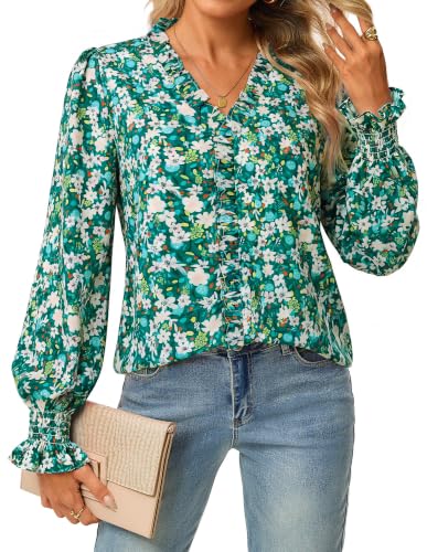 GRACE KARIN Womens Long Sleeve Boho Tops Ruffle Work Blouses Green XXL - image 1
