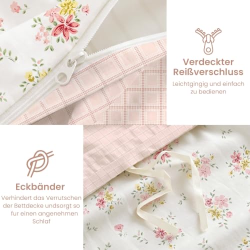Freyamy Blumen Bettwäsche 135x200 2teilig Cremeweiß Rosa Mikrofaser – Ansicht 5