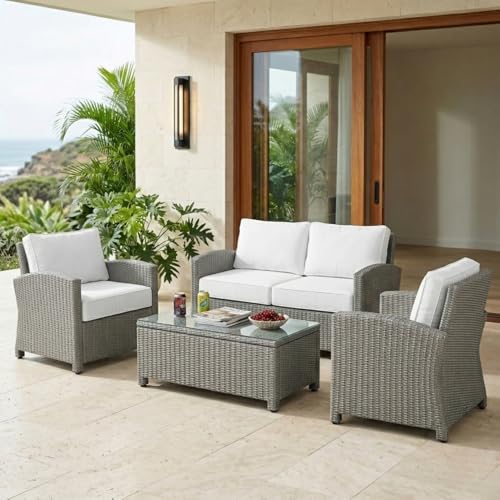 Image of DEVOKO 4PCS Patio Wicker Furniture Set Center Table Silver Rattan Chairs and White Cushions Outdoor Furniture for Backyard, Garden, Balcony