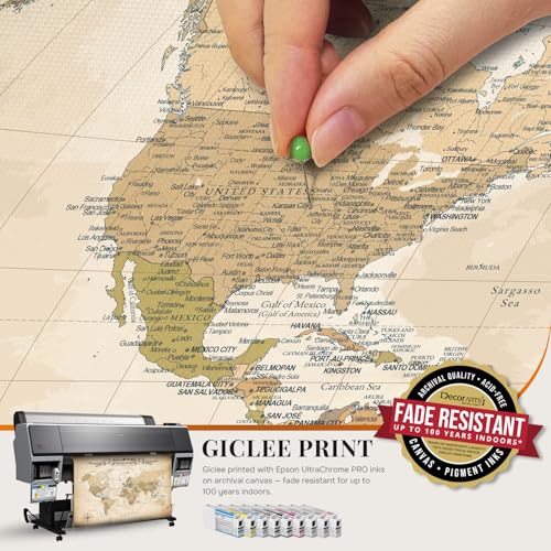 Image of DECORARTS - Personalized World Travel Map with Pins, Custom Name, Pin Board Canvas Wall Art, Antique Vintage Old World Decor, Optional Wood Frame, Giclee Print, Handcrafted in USA, 30x24''