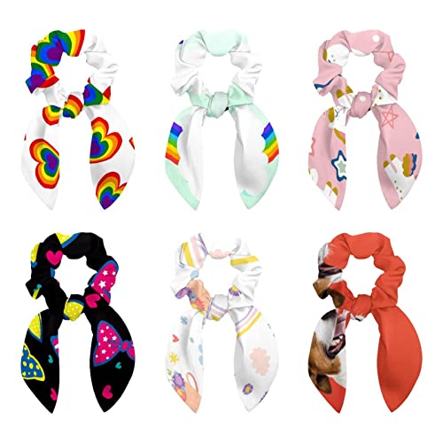 Chouchous cheveux épais anti-glisse avec nœud lapin et motif arc-en-ciel x6