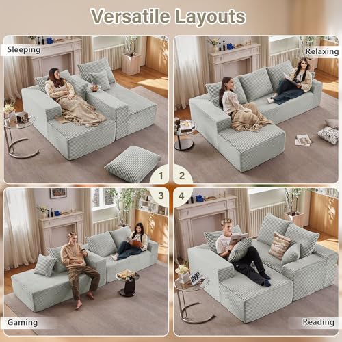 Image of 107 inch Cloud Sectional Couch with L-Shape Chaise, Modern Modular Comfy Sofa with Deep Seat, Upholstered Corduroy Couches Sleeper Chaise Longue for Living Room Bedroom, No Assembly Required, Grey