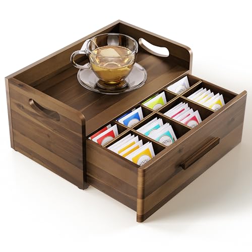 Tinamo Acacia Wooden Tea Box Organizer with Drawer – Tea Chest for Tea Bags Storage – Tea and Coffee Organizer - Wooden Tea Tray and Containers for Countertop Display (Walnut)