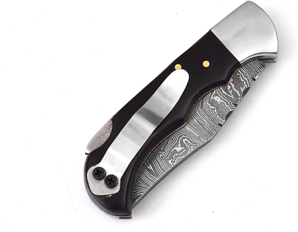 606H Damascus Steel knife - Pocket Folding Knife with Clip - Handmade Custom knife - Damascus Pocket knife for Men – Cool Pocket Knife Good For Camping Hunting Fishing Indoor & Outdoors Activities - EDC Damascus knife - Folding Hunting Knives - Leather Sheath - Folding Pocket Knife by GladiatorsGuild 606H (Black)
