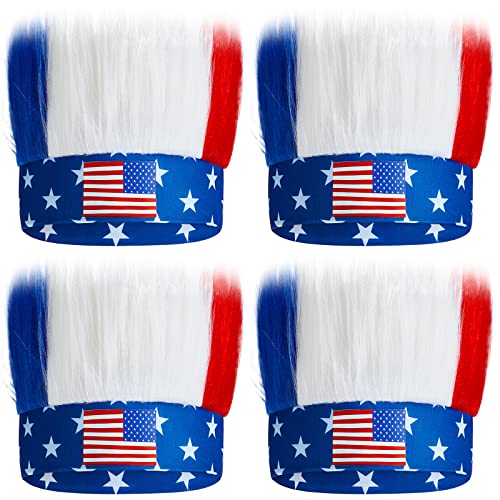 XunYee 4 Pcs Red White and Blue Patriotic Headband 4th of July American Flag Headband Colorful Crazy Hairy Headband Accessories Wig for Independence Day