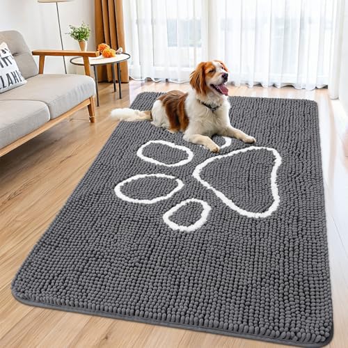 Image of Smiry Dog Door Mat for Muddy Paws, Absorbent Dirt Trapper Non Slip Quick Dry Washable Chenille Mat for Mud Dogs, Entry Rug for Indoor and Outdoor (59x32 Inches, Dark Grey and White)