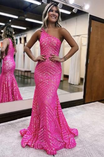 Sparkly Sequin Prom Dresses for Women 2024 Mermaid One Shoulder Formal Evening Party Gowns2