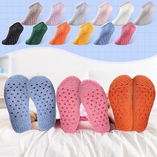 Image of Liitrsh 12 Pairs Non Slip Hospital Socks for Women Fluffy Fuzzy Slipper Socks with Grips Winter Socks Bulk for Men Women Christmas Gifts Home, Multicolored, One Size
