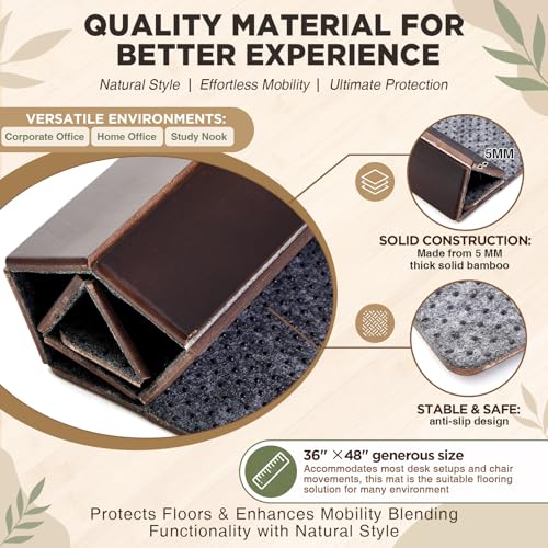 Image of Leinuosen 36 inch x 48 inch Office Bamboo Chairmat for Carpet Floor Mat Highly Premium Quality Anti-Slip Office & Home Floor Protector Low Pile Carpet Chair Mat, 5mm Thick (with Lip,Cherry Wood)