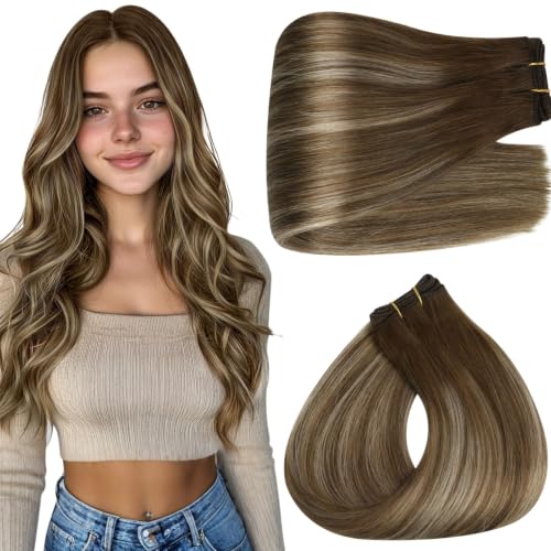 Image of Full Shine Weft Hair Extensions Human Hair 20 Inch 105G, Ombre Brown Weft
