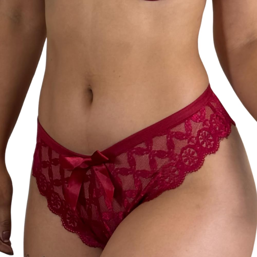 Pogster Women's Red Sexy Lace Knickers With Bow – Sheer Brief Lingerie Underwear (, 3XL)