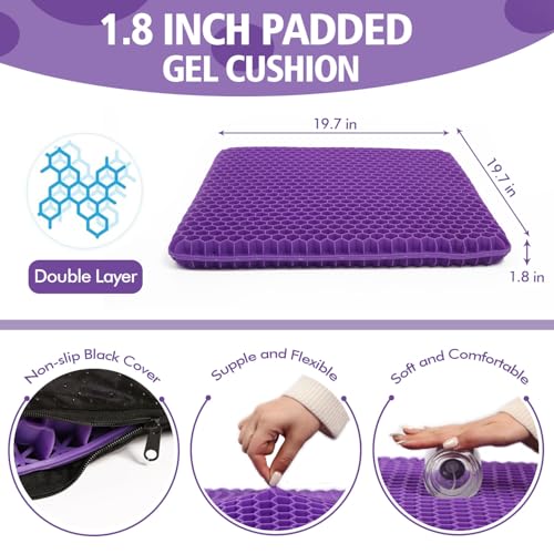 Image of Purple Gel Seat Cushion, 19.7 inch Extra Large Double Thick Chair Cushions for Office Chair, Wheelchair, Car Seat, Couch, Stadium Seat Cushion for Tailbone Pain Relief, Cooling & Breathable Seat Cushions