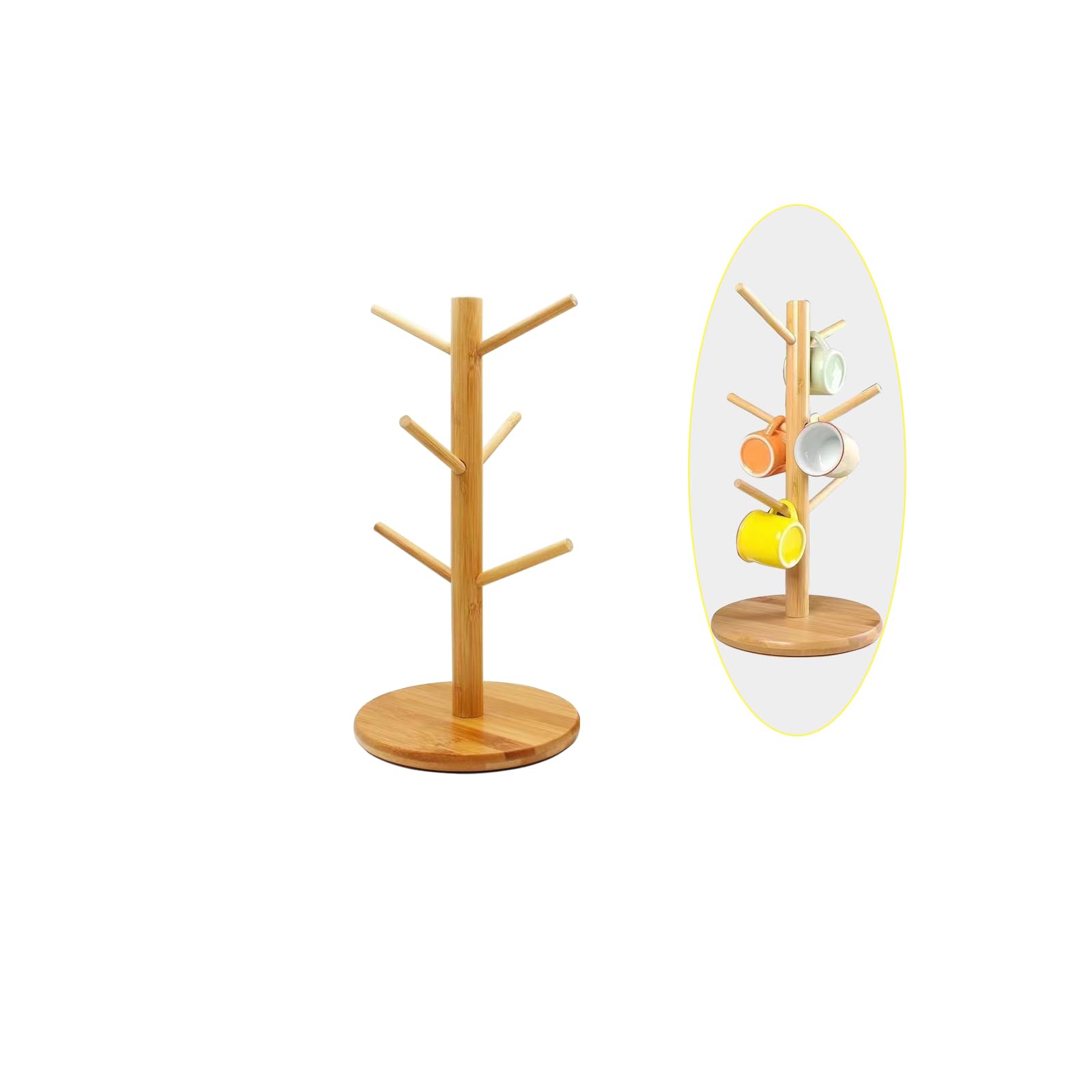 Bamboo Mug Holder Tree Coffee Mug Tree with 6 Hooks Coffee Cup Holder for Counter Kitchen Organizer Storage Stand
