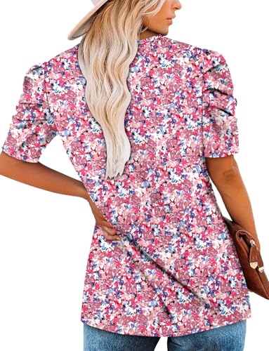 KISSMODA Tops for Womens Summer Cute Short Sleeve Shirts Trendy Notched Neck Blouses Casual Loose Pleated Tunics S-3Xl