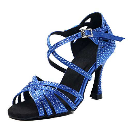 MGM-Joymod Women's Peep Toe Cross Strap Rhinestones Social Tango Ballroom Latin Modern Dance Shoes Wedding Party Sandals/Dark Blue 9cm 9.5 M US