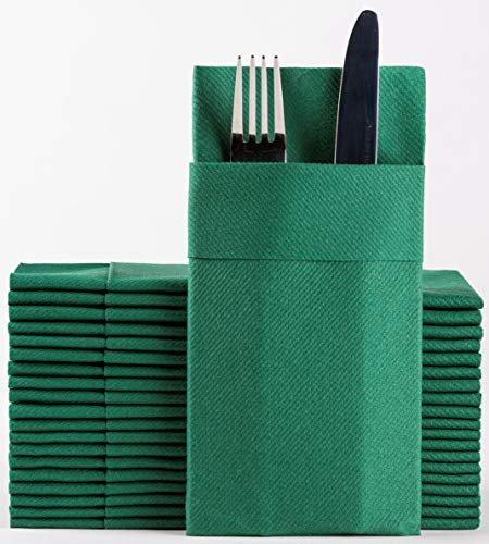 Green Dinner Napkins Cloth Like with Built-in Flatware Pocket, Linen-Feel Absorbent Disposable Paper Hand Napkins for Kitchen, Bathroom, Parties, Weddings, Dinners or Events, 1/8 Fold, Pack of 50
