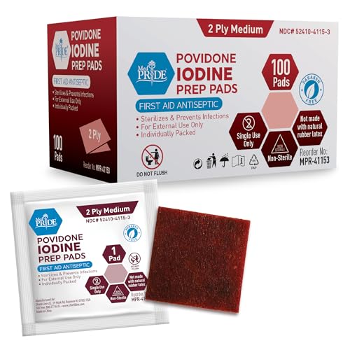 MED PRIDE Individually Wrapped Iodine Wipes, 10% Povidone Iodine Prep Pads, Alcohol-Free Antiseptic for Wounds (100 Count)