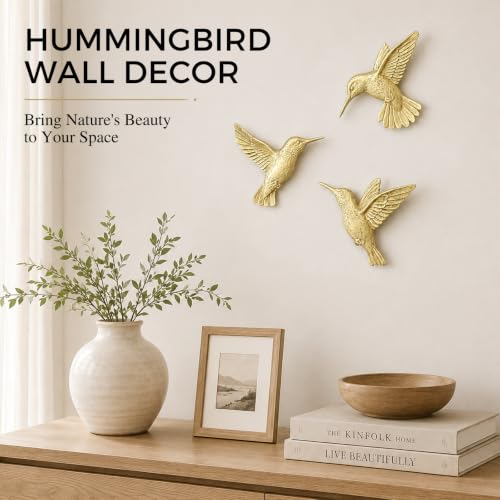 Image of GUSFREUD 3D Hummingbird Wall Decor Set - Gold Resin Bird Wall Decor for Living Room, Bedroom and Gallery Walls - Champagne Gold - Set of 3