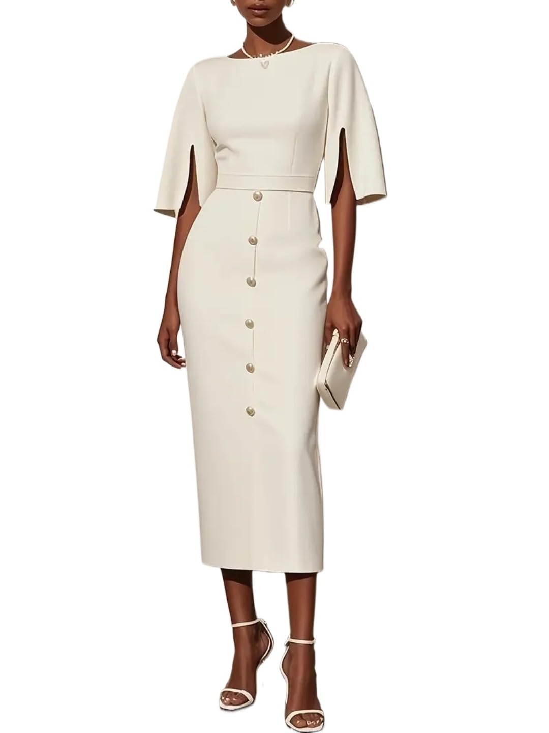 Elegant Special Solid Color Decorative Button Classic Round Neck Split Sleeve Boat Collar Back Zipper Mid-Length Split Dress
