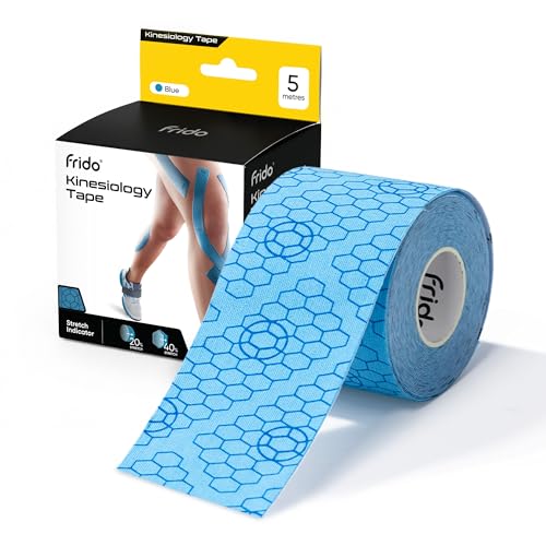 Image of Frido Kinesiology Tape for Sports Injury Pain Relief, Muscle and Joint Support | Waterproof Cotton Elastic Athletic Tape with Stretch Indicators | K Tape For Knee, Ankle, Arm & Shoulder | Light Blue