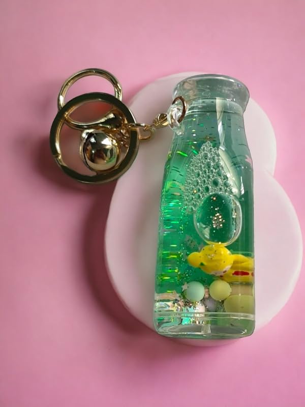 VASUSS Fancy Stylish Keychain for birthday valentine friendship day Rakshabandhan Rakhi. Glass Water Keyrings with Toy inside-Floating Sparkles and Glitters for Girls Women Gift for her (Bottle-Green)