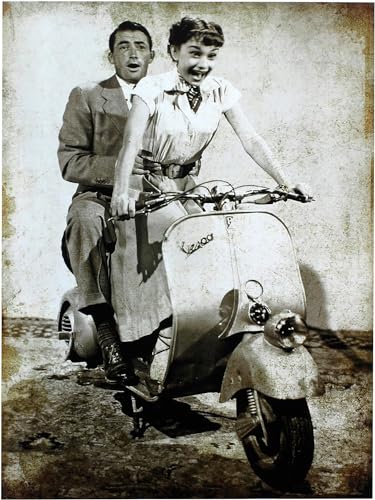 KUSTOM ART Poster mural décoratif Audrey Hepburn & Gregory Peck sur Vespa Impression artistique sur papier couché 40 x 30 cm sans cadre