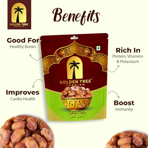 Image of Golden Tree Soft Zahidi Dates| Organic Whole Zahidi Khajoor Natural Sweeteners| NON-GMO| VEGAN| No Preservatives| Sun-Dried Dates in Resealable Bag Fresh Healthy Dried Fruit Snack (500 Grm)