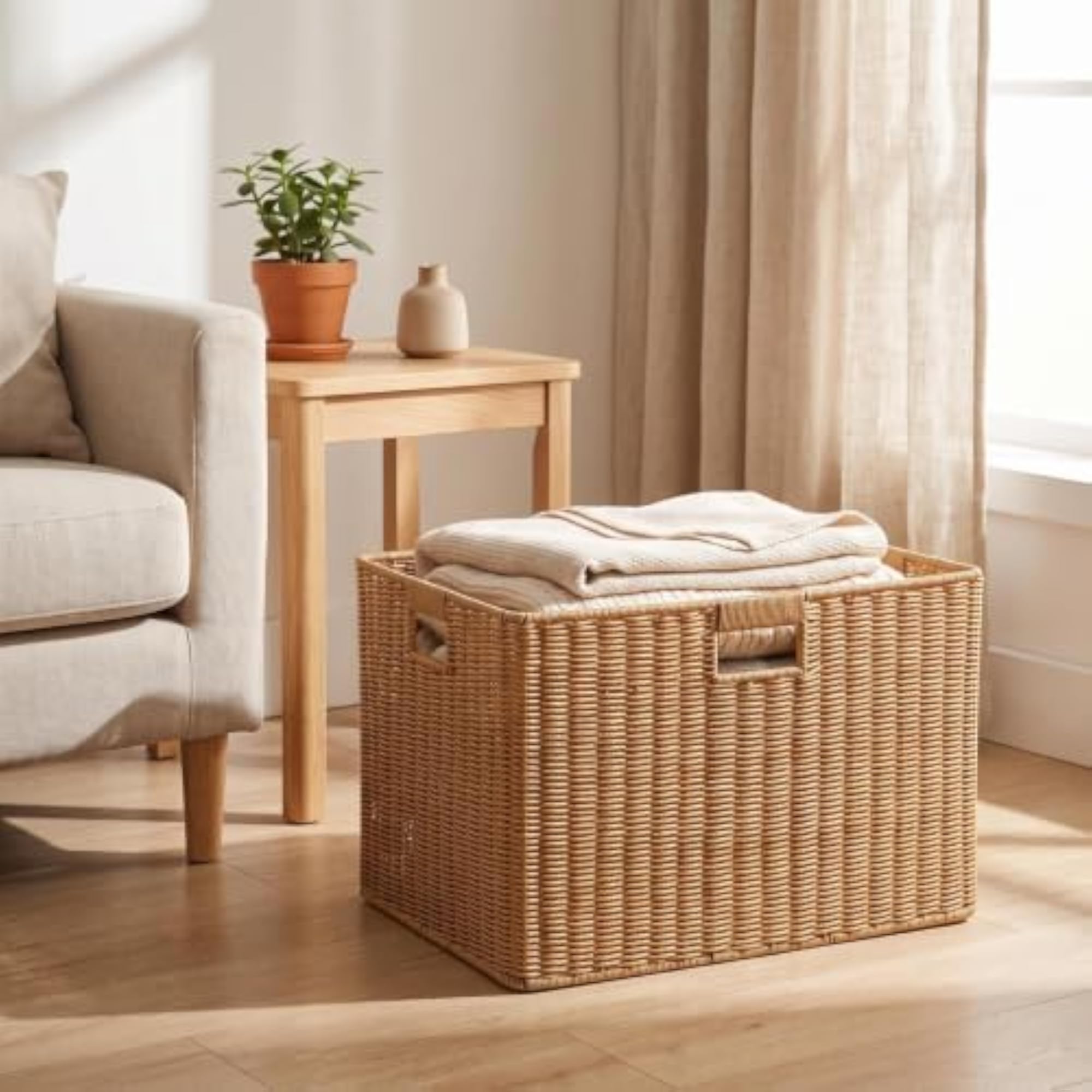 Rectangular Braided Faux Rattan Basket with Handles