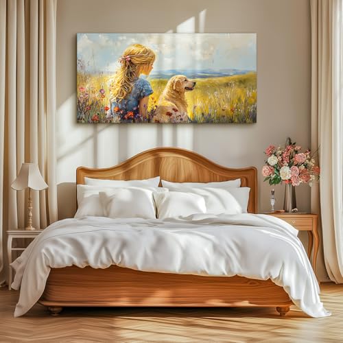 SERIMINO Portrait Animal Extra Large Wall Art, Meadow Landscape Wall Prints, Woman Golden Retriever Dog Canvas Paintings, Rustic Wall Decor Living Room Bedroom Dining Room Farmhouse Cottage 30"X60"
