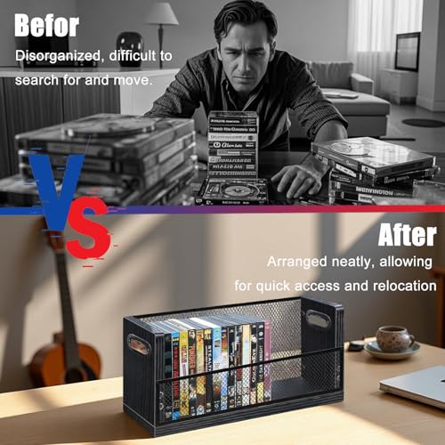 Image of DVD Blu ray Storage Rack, DVD Shelf Holds Up To 28 DVD Cases, Stackable Wood & Metal DVD Tower with Magnetic Opening Door for Easy Access, Desktop Organizer for CDs, Video Game, VHS Tapes