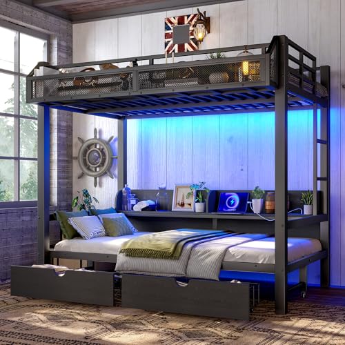 Twin over Twin Bunk Bed with Storage Shelves and Drawers, Metal Bunk Beds with Lights and USB Ports, Lower Bunkbed Can be Converted, for Guest Room, Bedroom, Dorms, Muti-function and Noise-Free, Black