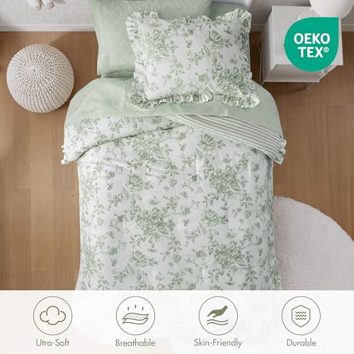 Image of Madison Park Essentials Adele Green Floral Twin XL Size Comforter Set - Vintage Bed in a Bag with Sheets, Reversible Ruffle Bedding, Elegant Gift for Her