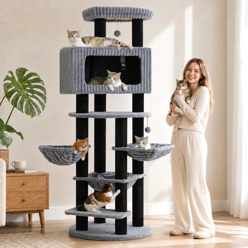 UYMI XXL Heavy Duty Cat Tree, 84 Inch Tall Cat Tower for Indoor Cats Large Adult with 3 Soft Hammocks, Extra Large Condo, Top Perch, Platform and Thicker Scratching Post for Maine Coon Black