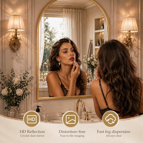 Image of 20 inchx30 inch Arched Gold Bathroom Mirror - Metal Framed with HD Shatter-Proof Glass, Wall-Mounted for Over Sink, Entryway, Living Room, Bedroom