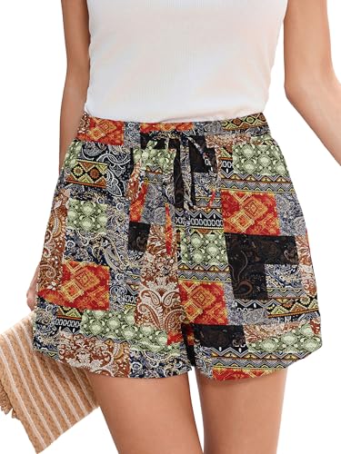 Heymoments Women's Wide Leg Shorts Lightweight Boho Patchchic Brown Large High Waisted Flowy DressyLoose Fit Summer Ladies Cute Beach Trousers with Pockets