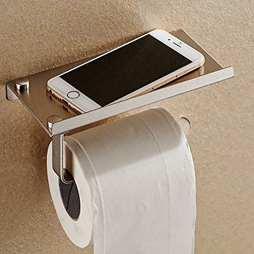 Aquieen Stainless Steel Toilet Paper Holder with Mobile Phone Storage Shelf (Chrome)