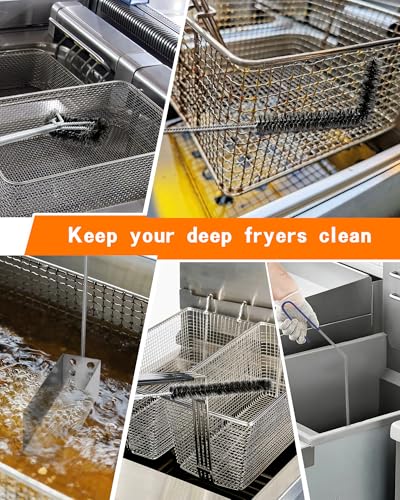 Image of Fryer Cleaning Tool 5 Piece Set, Deep Fryer Basket Brush, Long Handle L-Shaped & Straight Crevice Cleaning Brush, Cleanout Rod Kit and V-Shaped Strainer Scoop for Commercial Kitchen, Fryer