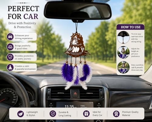 Image of Acrylic Dream Catcher Car Hanging Ornament with Purple and White Feathers - Rear View Mirror Decor for Cars, Spiritual Wall Hanging Decoration for Home, Office and Gift Use (SIVAJI-02)