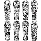 Realistic Forest Fake Tattoos Sleeve Stickers, Full Arm Wolf Tiger Lion Animal Tribal Temporary Tattoo Sleeves For Women Men Adults, Large Black Flower Clock Pigeon Temp Tattoo Leg Body Art Makeup, 8-Sheet