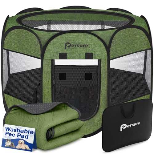 Dog Cat Playpen Indoor Outdoor for Puppy Pet Dogs Cat Recovery After Surgery, Dog Tent Crates Cage Indoor/Outdoor, Portable Pop Up Kennel with Carrying Case for Travel (Premium Green with Pad, Small)