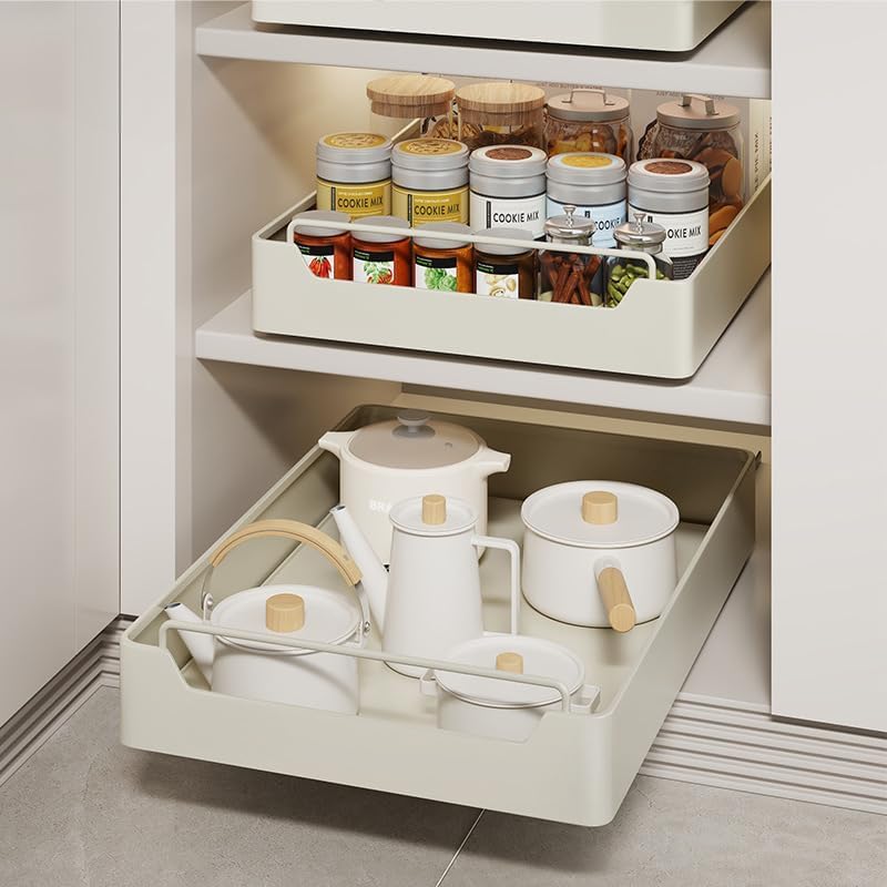 KRLZ Pull Out Heavy Duty Sliding Basket Organizer Drawer, Cabinet Organizer Fixed with Adhesive Nano Film, Pull Out Drawer for Kitchen Under Sink Organizer, Pantry, Bathroom,1 Pack