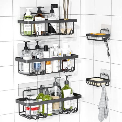 Adhesive Shower Caddy, 5 Pack Rustproof Stainless Steel Bathroom Organizers and Storage, Large Capacity Bathroom Organizer, No Drilling Shower Shelves, Black