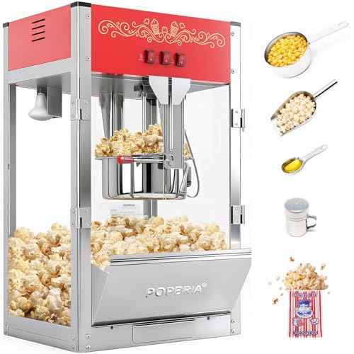 PopBria Commercial Popcorn Machine, Authentic 16oz Kettle Countertop Popcorn Maker with Waming Deck, 1600W Large Popcorn Machine for Restaurant, Concession Stand, Carnival, School, Office, Red