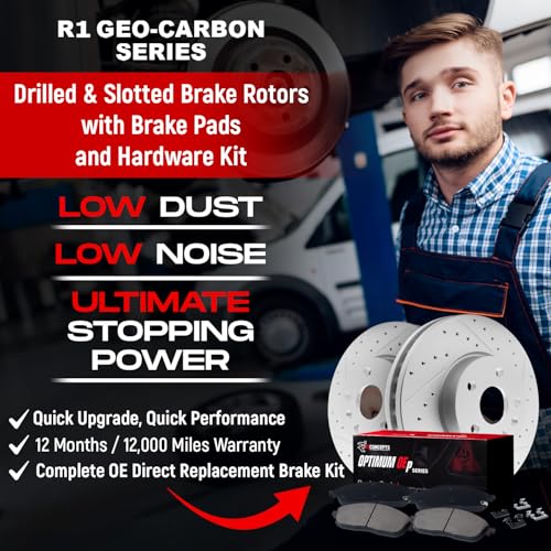 Image of R1 Concepts Front and Rear Brake Kit| Hardware| Optimum Oep Brake Pads and Drilled Slotted Brake Rotors| WBUH2-21006 | 13.8 inch Front & 13.4 inch Rear