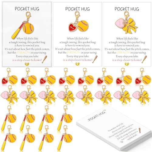Konohan 24 Sets Softball Party Favors Gifts for Team Softball Keychains Bulk Sports Pocket Hug with Greeting Cards and Bags for Mothers Day Friends Family Coworkers