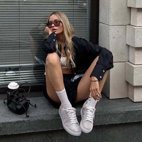 Rhinestone Sneakers for Women, Glitter Sparkle Tennis Shoes Platform Bling Silver Fashion Sparkly Sequin Shoes for Wedding Party Bride Dress2