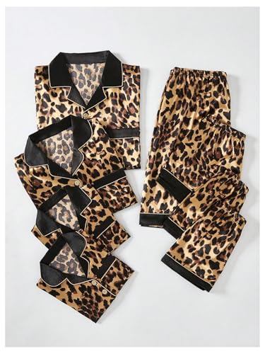 WDIRARA Men's 2 Piece Leopard Print Satin Pajama Set Button Down Short Sleeve Shorts Loungewear Sets3