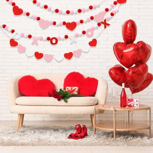 Image of 4 Pcs Valentine's Day Heart Felt Banner Pink XOXO Felt Banner Valentines White Pom Pom Ball Garland Valentine's Day Heart Pompom Hanging Banner Hanging Garland for Home Party Favors
