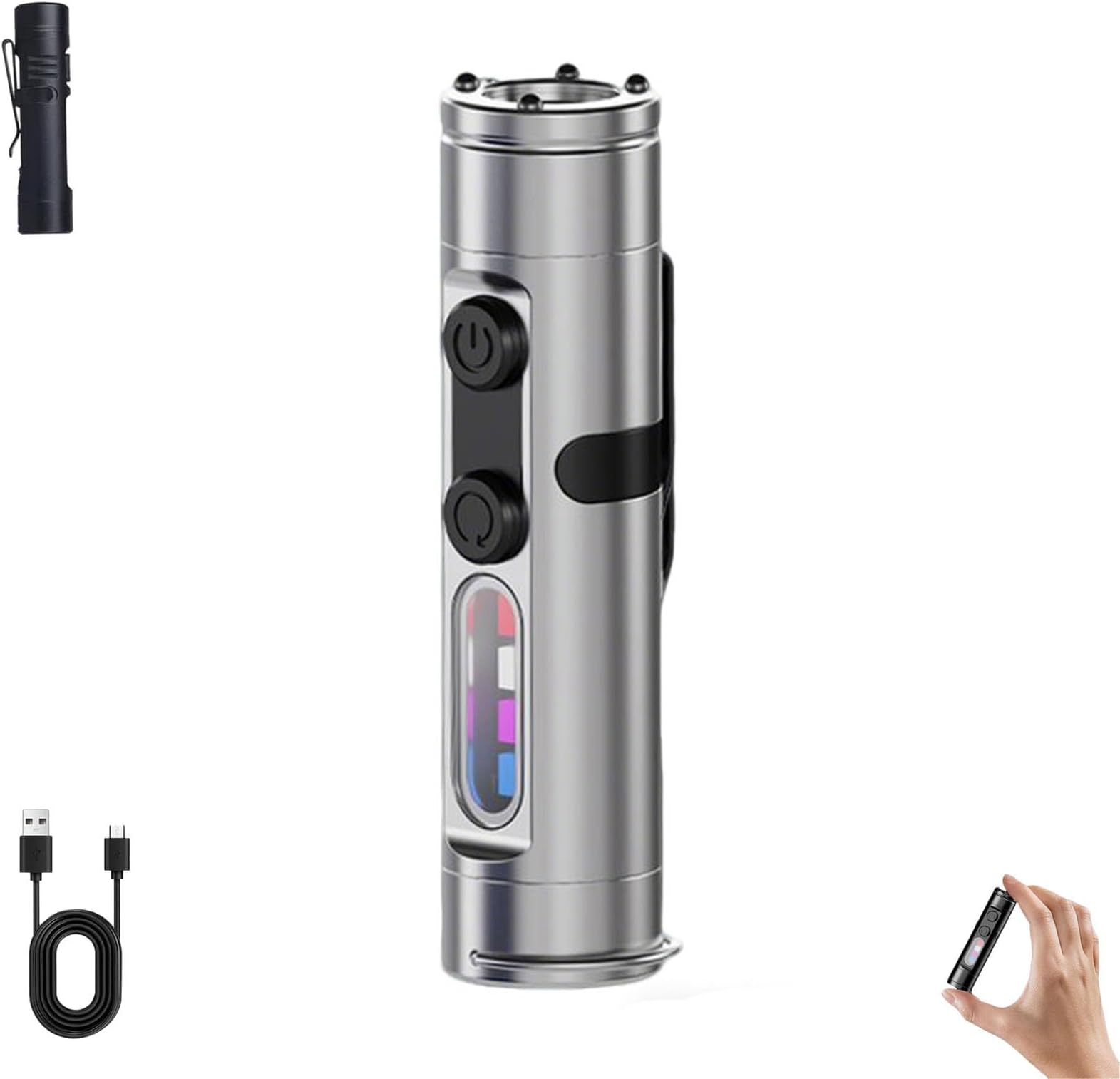 Pocket Rechargeable EDC Flashlight: Mini Keychain Light with Fire Starter & Window Breaker, 9 Lighting Modes, Magnetic Base for Camping (Silver Regular Version)